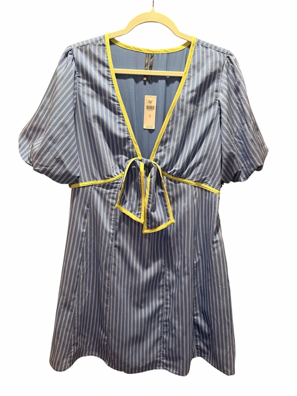 Anthropologie Blue & White Striped Tie-Front Mini Dress with Yellow Trim MEDIUM - Picture 2 of 9